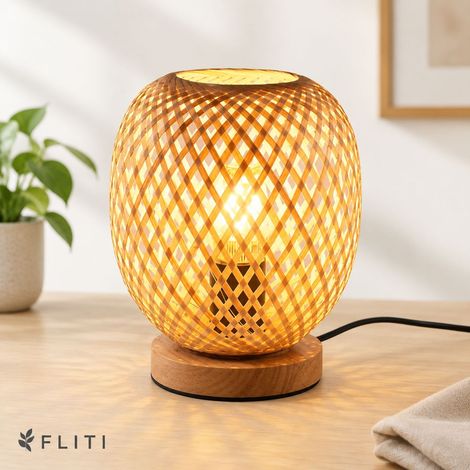 FLITI Lampe de chevet en bambou tissé E27 avec abat-jour naturel et base en bois pour salon chambre (1/5)