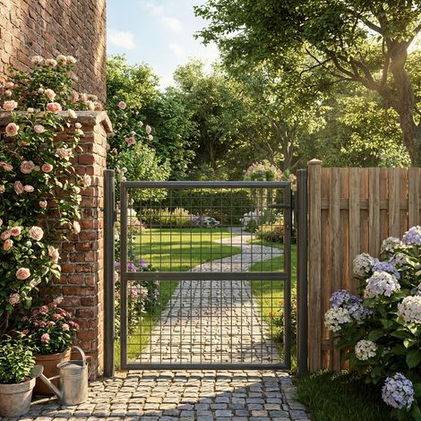 Portillon de Jardin en Acier Galvanisé, Portail Grillagé avec Serrure, pour Extérieur, Tube Rond, Gris (1/5)