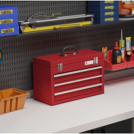 Caja de herramientas de acero 51x22x32 cm, 3 cajones con rodamientos, compartimento superior con cierre, roja (1/5)