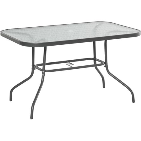 Garden Dining Table Glass Top Metal Frame with Parasol Hole Outdoor Balcony Grey 120L x 80Wcm