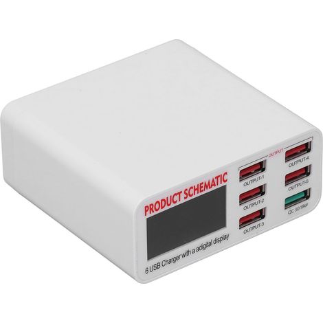 6-Port-USB-Ladegerät mit intelligenter Digitalanzeige, 110-240V-Netzteil, Schnelllade-Mehrfachsteckdose, kompaktes Wandladegerät für Handys und Tablets. (1/5)