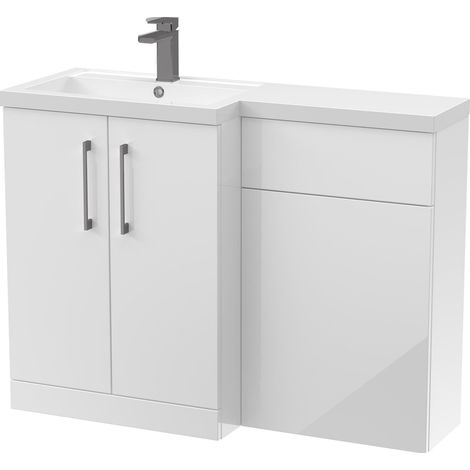 Balterley Left-Hand Bathroom Vanity and WC Unit Combination with Basin - 1100mm - Gloss White with Brushed Pewter Handles