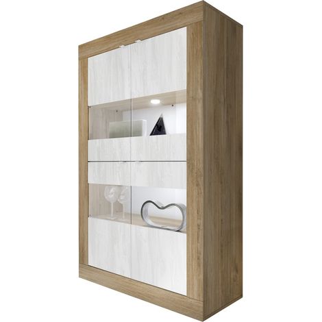 Vitrinenschrank Design 4 Türen Kollektion ACCESS. Farbe Weiß und Dunkel-Eiche.
