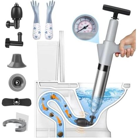 5-in-1 Hochdruck-Toilettenreiniger mit Barometer – Abflussreiniger mit 4 Saugnäpfen, Handschuhen und Haken, für Toilette, Waschbecken, Badewanne und Boden, Grau (1/5)