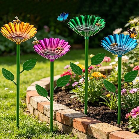 Lot de 4 abreuvoirs pour abeilles, station d'arrosage, bol d'eau en métal pour fleurs, bain d'oiseaux, abreuvoir pour abeilles pollinisatrices avec piquet, décoration extérieure pour jardin.