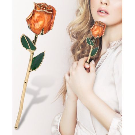 Rose Dorée 24K Orange Éclatant avec Socle - Idée Cadeau Saint-Valentin Anniversaire Fête des Mères (1/5)