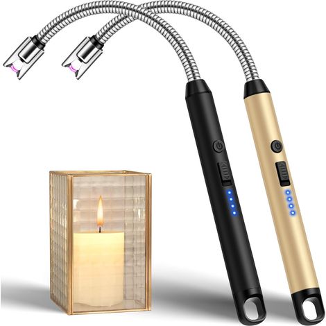 Briquet à Arc électrique Rechargeable par USB avec col Plus Long, Serrure de sécurité, Type C, Rechargeable par Plasma, pour Cuisine, cheminée, Feux d'artifice (Noir + doré) (1/5)