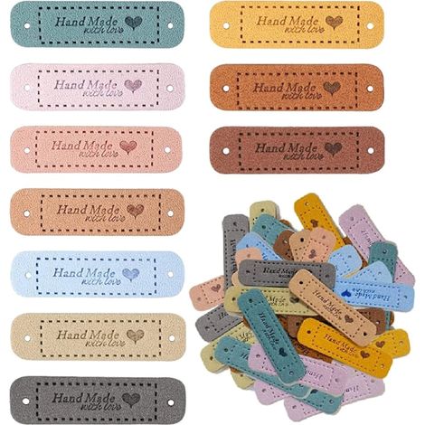 Lot de 100 étiquettes artisanales pour vêtements, étiquettes en cuir personnalisées, étiquettes de couture artisanales avec trous pour le tricot (10 couleurs, 56 x 15 mm)