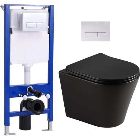 HOROW  WC sospeso senza brida nero opaco con telaio ad incasso, cassetta, sedile Soft Close (1/5)