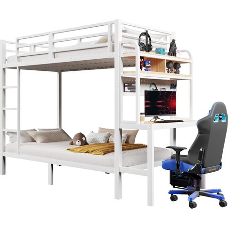 Lit superposé 90 x 200 cm avec échelle, LED, bureau, étagères, port USB, structure métal et MDF, blanc, pour chambre d'enfant - CHICFURN (1/5)