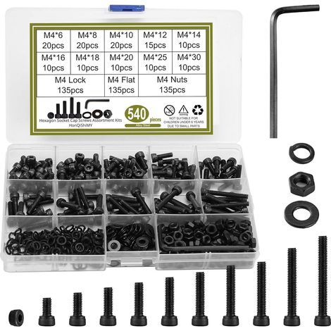 Assortiment de 540 vis M4 noires avec écrous et rondelles, acier allié, boîte de rangement (1/5)