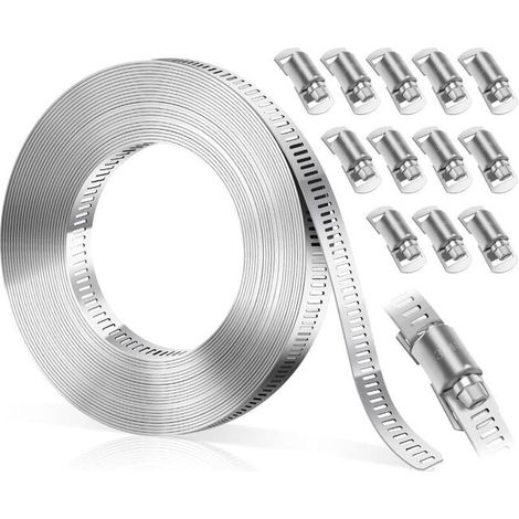 Colliers de fixation inox 304 réglables - Lot de 10 brides de serrage pour tuyaux, 5 mètres - Attaches robustes pour plomberie et raccordement d'eau (1/5)