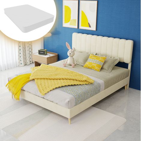 Lit moderne rembourré en tissu beige 140x200 cm avec tête de lit haute, structure métal et matelas inclus (1/5)