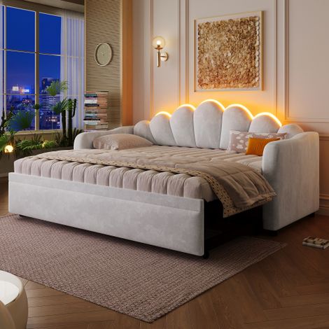 Canapé-lit capitonné 90x200 cm - Avec lit gigogne - Éclairage LED intégré - Velours + MDF - Gris (Matelas non inclus)