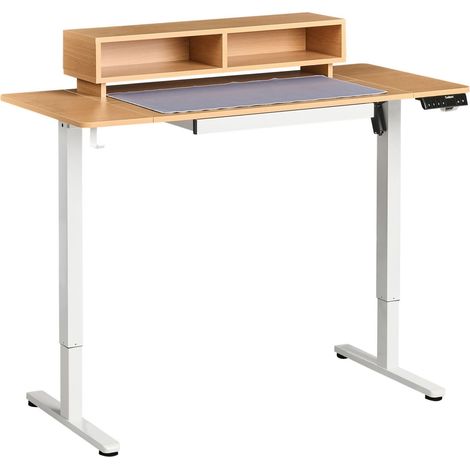 Scrivania elettrica regolabile con tappetino per mouse Funzione seduta/in piedi Moderna 120 x 60 cm Porta USB Piano marrone chiaro e gambe bianche Lucama (1/5)