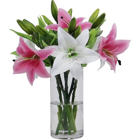 Lot de 6 bouquets de lys artificiels réalistes au toucher, couleurs assorties, pour la décoration florale de la maison, des mariages et des boutiques (rose + blanc, 6) (1/4)