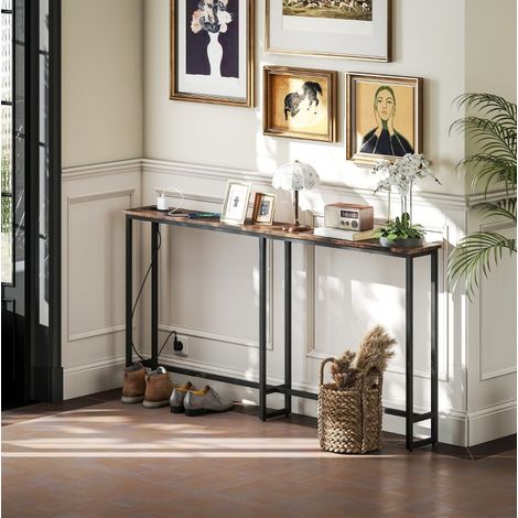 Console 160x20x80 cm marron en bois et acier avec station de charge, style industriel, étroite et stable (1/5)