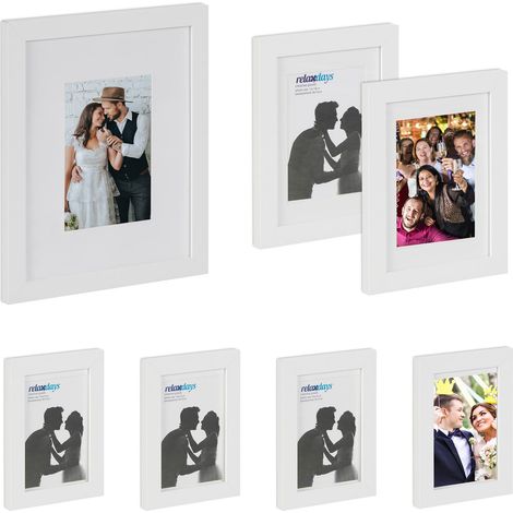 Cadre Photo, Lot de 7, Plusieurs Tailles, Format, à accrocher ou Poser, Passe-Partout, Blanc (1/5)