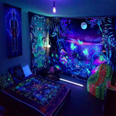 Tapisserie Astronaute Crâne Champignon - Design Espace Fluorescent - Décoration Murale Salon Chambre - Polyester Lavable 150x130cm (1/4)