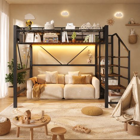 Cama alta 140x200 cm de metal y MDF, con estantería escalonada, cesta de almacenaje, hueco inferior abierto, luz LED regulable y ahorro de espacio, negra CHICFURN (1/5)