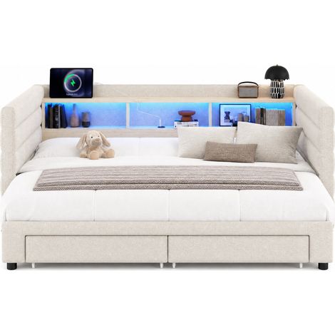 Divano letto 90x190 cm in velluto beige con LED, USB e Type-C, due cassetti e vani contenitore, struttura estraibile, senza materasso, per piccoli spazi CHICFURN (1/5)