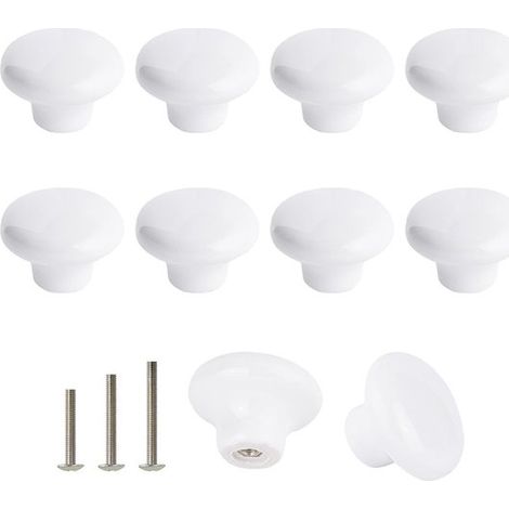 10 boutons de meubles ronds blancs, poignées de porte et poignées de cuisine - 32 mm, adaptés aux armoires et aux tiroirs. (1/5)