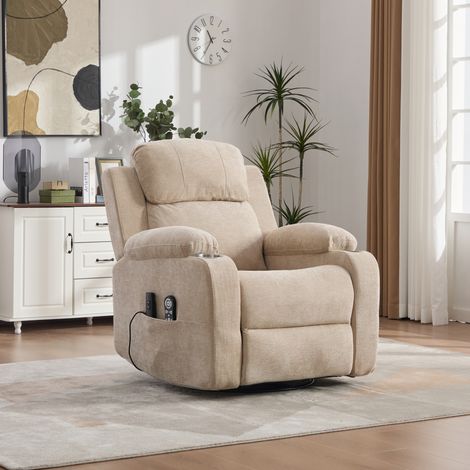 Fauteuil relax pivotant à 360° avec massage et chauffage, dossier et repose-pieds électriques réglables, poches de rangement et porte-gobelets, kaki clair (1/5)