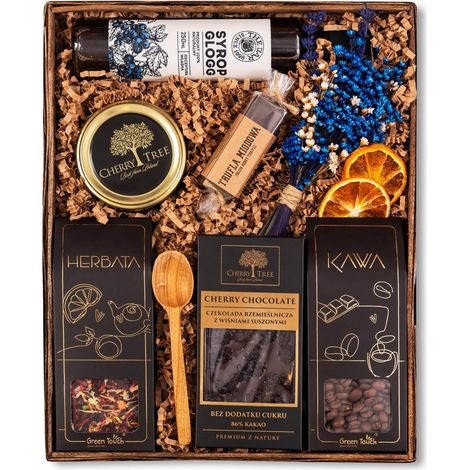 Geschenkkorb-Set mit Tee, Kaffee, Schokolade, Kirschtrüffelsirup und Blumen (1/5)