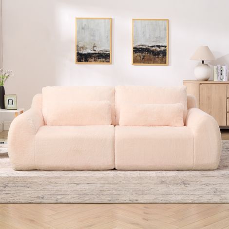 Canapé 2 places en fausse fourrure style lapin, haute résilience, avec port de charge USB et poche latérale pour magazines, idéal pour petit salon, appartement, bureau et chambre, Rose