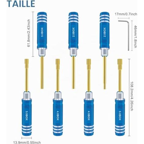 Lot de 7 tournevis hexagonaux 2,0 mm 2,5 mm 3,0 mm 3,5 mm 4,0 mm 4,5 mm 5,0 mm kit d'outils de tournevis pour fixation roue Axial SCX24 pour modèles radiocommandés voitures bateaux hélicoptères bleu (1/3)