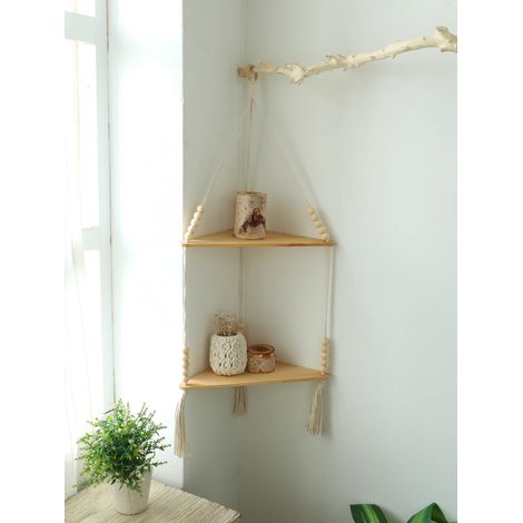 (Étagère d'angle M01382) Étagère d'angle murale en bois, support de rangement pour pots, étagère flottante en macramé, organisateur mural, style bohème, décoration nordique. (1/5)