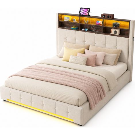 Letto Contenitore 2 Posti con 6 Vani, Tasche Laterali, USB-C e LED Regolabile, 180 x 200 cm, senza Materasso (1/5)