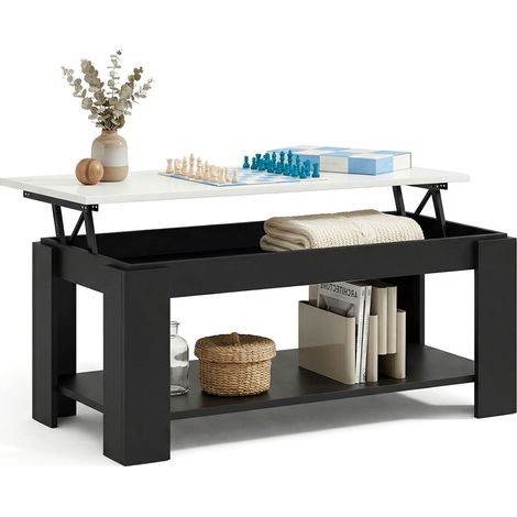 Mesa de centro elevable con almacenaje 102x43-54 cm Lya Negro Mate - Blanco Artik 50cm (ancho) x 54cm (alto)