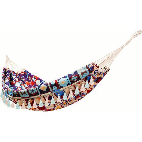Hamac de jardin hamac suspendu double en coton avec franges à suspendre à la plage ou dans le patio extérieur hamac brésilien (motif géométrique rétro jacquard, 280 x 150 cm, charge maximale 204 kg) (1/5)