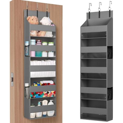 Étagère d'angle pour penderie - se fixe derrière une porte - étagère suspendue - cinq niveaux - poches latérales en filet - convient pour la salle de bain et la chambre - grise - 140 cm (1/5)