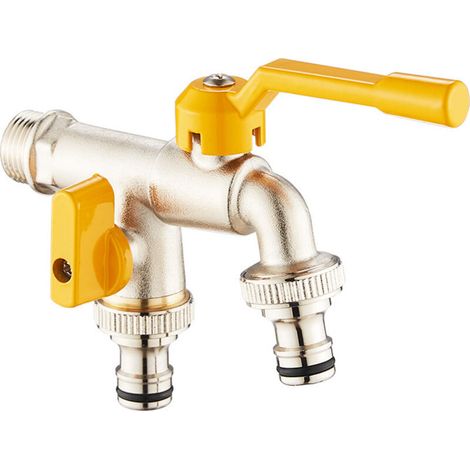 Double Garden Faucet-1/2'' InchBrass Water Faucet Outdoor Wall Mounted Faucet with 2x 3/4 Inch Outlet For Garden, Washing Machine, Rain Barrel anti-rust and anti-freeze（yellow） (1/4)