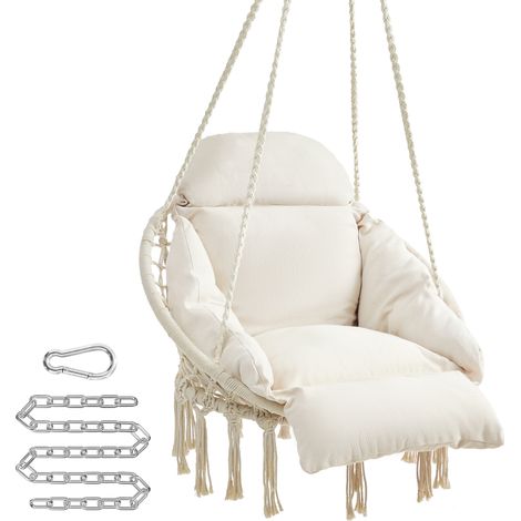 Fauteuil Suspendu, Chaise avec Coussin, Déco Maison Cocooning, Bohème, Chambre, Terrasse, Balcon, Jardin, Capacité 120 kg, Accessoires Inclus, Blanc Crème (1/5)