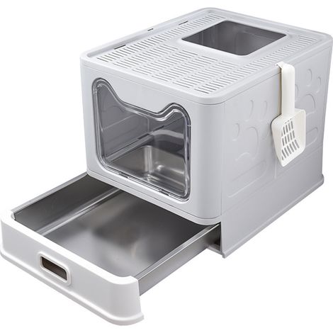 Haloyo® Katzenklo mit Deckel & Edelstahl-Schublade, Katzentoilette Edelstahl mit Schaufel, 38x41x51cm, grau
