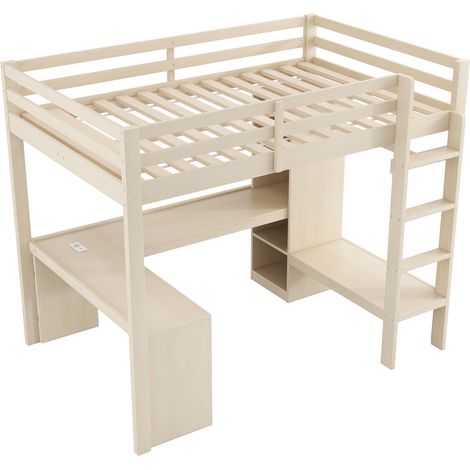 Cama alta 140 x 200 cm con escritorio integrado, estantes multifunción, LED y USB, natural (1/5)