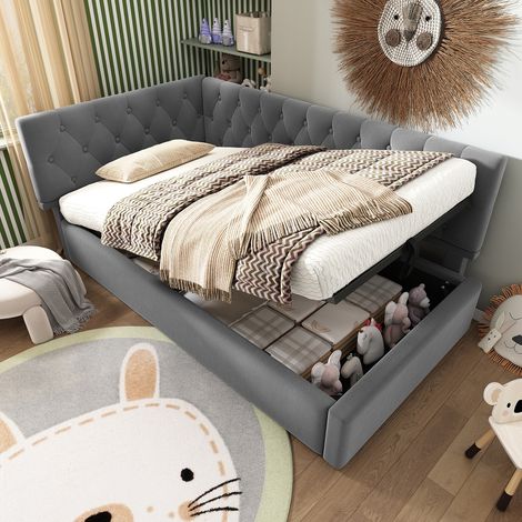 Tagesbett 90x200 mit hydraulischem Stauraum, modernes Polsterbett und Schlafsofa aus Samt, L-Form Jugendbett mit Lattenrost, Grau (1/5)