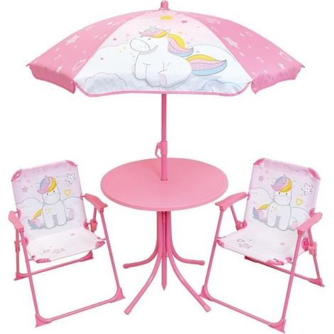 Garden furniture - FUN HOUSE - Unicorn garden furniture: Table H.46 x 46 cm. 2 folding chairs. umbrella H.125 x 100 cm