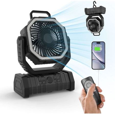 Ventilateur de camping avec lanterne LED, 4 vitesses, silencieux, batterie 20 000 mAh, rotation à 360°, alimentation USB (1/5)