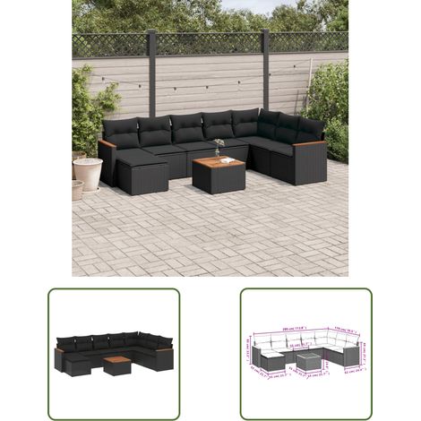 The Living Store 9-tlg. Garten-Sofagarnitur mit Kissen Schwarz Poly Rattan - Gartenmöbel - Esstischgarnituren - Outdoor Möbel - Lounge Set - Rattan Sofa (1/3)