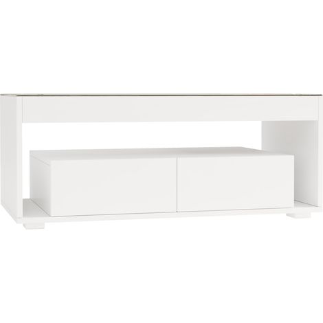 Table basse moderne 100x50x40 cm avec LED, structure double couche en panneau MDF et verre trempé, 2 tiroirs blancs laqués (1/5)