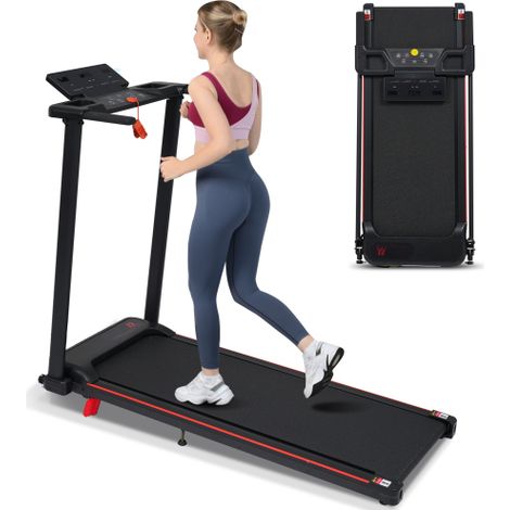 Cinta de correr con inclinación del 8%, portátil para uso doméstico con asa, plegable, con velocidad de 1 a 12 km/h y capacidad de peso de 120 kg, 3,0 CV, 4 patas ajustables, botón de velocidad rápida (1/5)