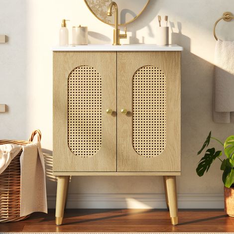 Meuble de salle de bains indépendant de 61 cm, aspect bois naturel, avec des portes en rotin respirantes, des étagères fixes et un grand espace de rangement sous le lavabo en céramique  robinet non in (1/5)