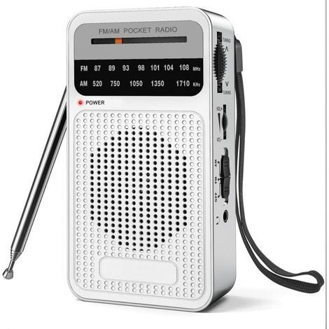 Radio portable AM/FM, transistor avec haut-parleur puissant, prise casque, 2 piles AA pour une réception longue portée, radio de poche pour l'intérieur, l'extérieur et les urgences - Argent (1/5)