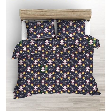 Parure de lit de Noël en coton bleu marine 160x200 cm, motif Père Noël et lumières (1/3)