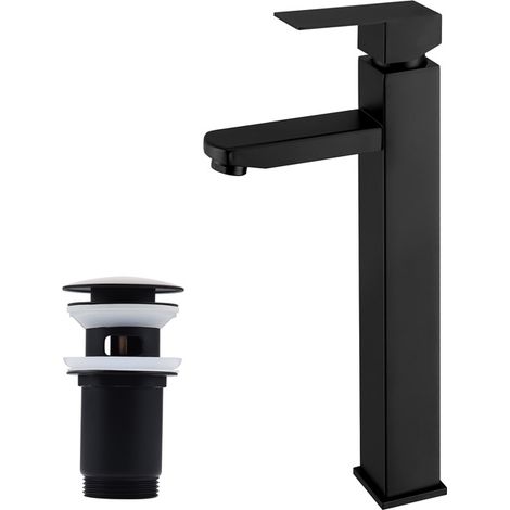 Set Robinet Salle de Bain Noir + Bonde de Lavabo Bonde Pop-up avec Trop-plein Automatique Mitigeur Lavabo Haut avec Bonde Universelle (1/5)