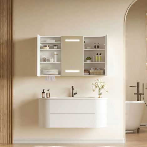 Armoire à Miroir Mural avec LED 100x60x13.5 cm, Salle de Bains Armoire avec Miroir, Placard avec Miroir avec 3 portes et Prise, Grand Meuble de Rangement avec Étagère Réglable, Anti - Buée Gradateur